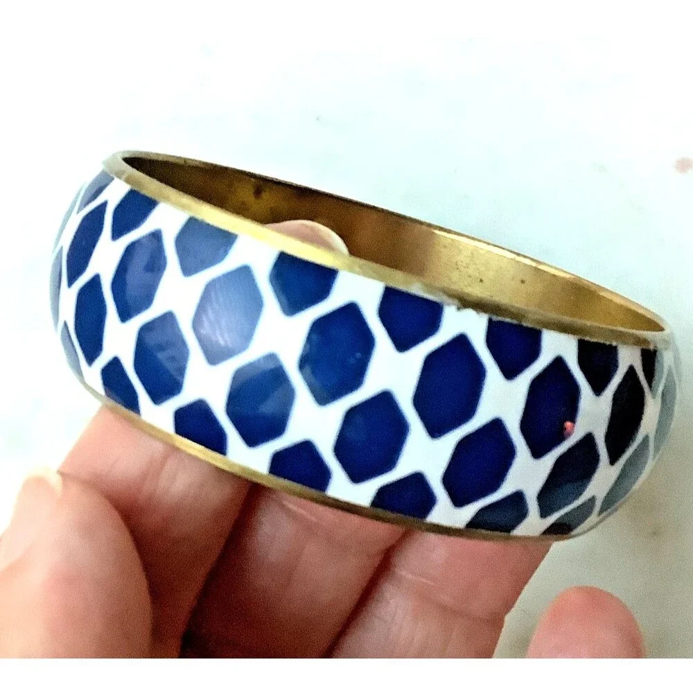 Vintage Enamel Bangle Brass Blue White Wide Bracelet Bohemian Jewelry MCM